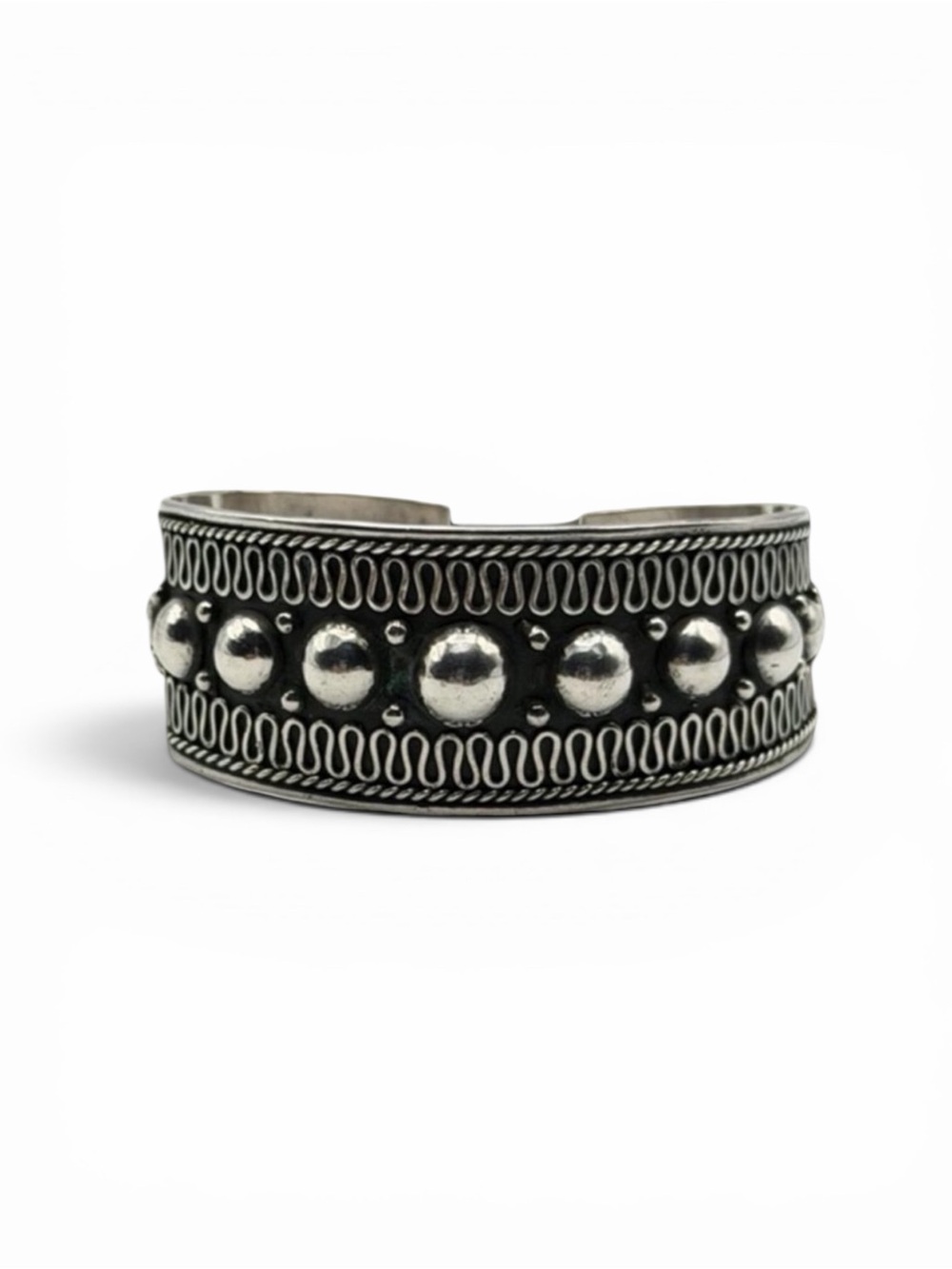 Vintage 925 Sterling Silver Wide Cuff Bead Bracelet –Oxidized - Adjustable ~7”